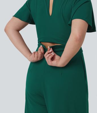Plus Size Round Neck Short Sleeve Tie Front Wide Leg Party Jumpsuit with Pockets-Easy Peezy Edition