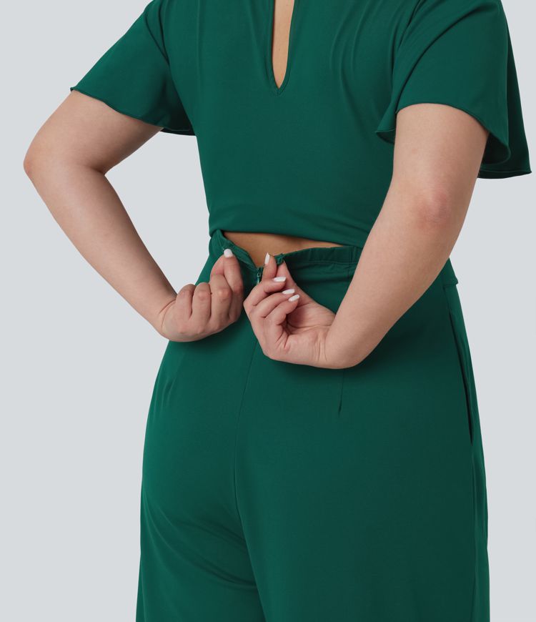 Plus Size Round Neck Short Sleeve Tie Front Wide Leg Party Jumpsuit with Pockets-Easy Peezy Edition