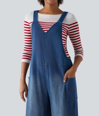Halara Flex™ V Neck Wide Leg Denim Casual Overalls with Pockets Halara Flex™ V Neck Wide Leg Denim Casual Overalls with Pockets