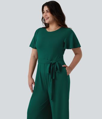 Plus Size Round Neck Short Sleeve Tie Front Wide Leg Party Jumpsuit with Pockets-Easy Peezy Edition