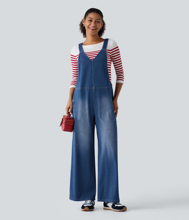 Halara Flex™ V Neck Wide Leg Denim Casual Overalls with Pockets Halara Flex™ V Neck Wide Leg Denim Casual Overalls with Pockets