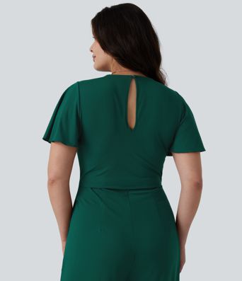 Plus Size Round Neck Short Sleeve Tie Front Wide Leg Party Jumpsuit with Pockets-Easy Peezy Edition