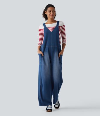 Halara Flex™ V Neck Wide Leg Denim Casual Overalls with Pockets Halara Flex™ V Neck Wide Leg Denim Casual Overalls with Pockets