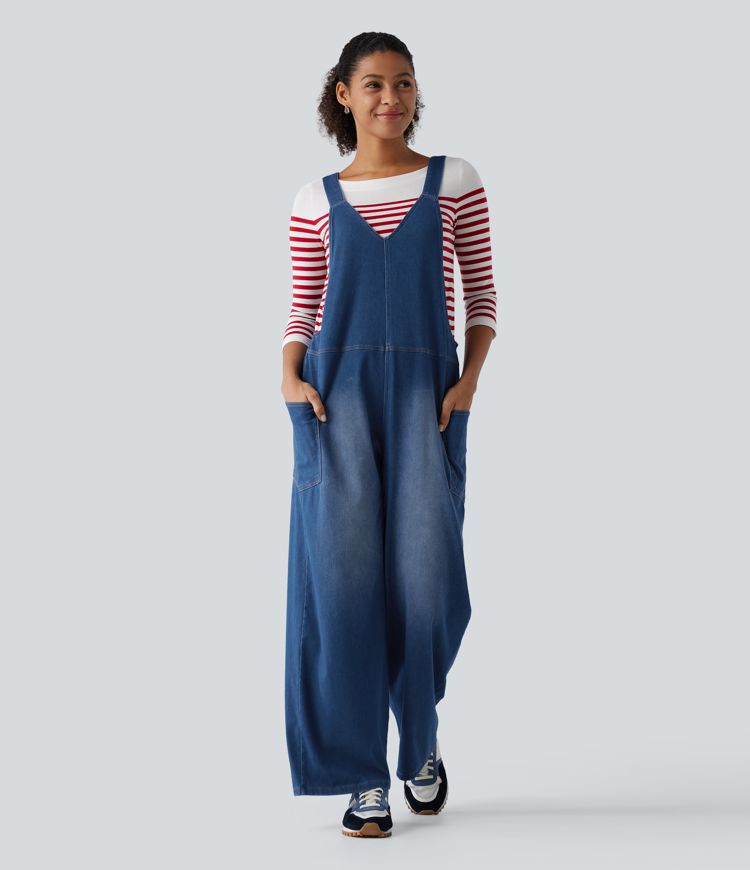 Halara Flex™ V Neck Wide Leg Denim Casual Overalls with Pockets Halara Flex™ V Neck Wide Leg Denim Casual Overalls with Pockets