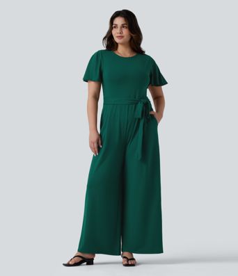 Plus Size Round Neck Short Sleeve Tie Front Wide Leg Party Jumpsuit with Pockets-Easy Peezy Edition