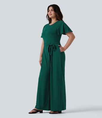 Plus Size Round Neck Short Sleeve Tie Front Wide Leg Party Jumpsuit with Pockets-Easy Peezy Edition