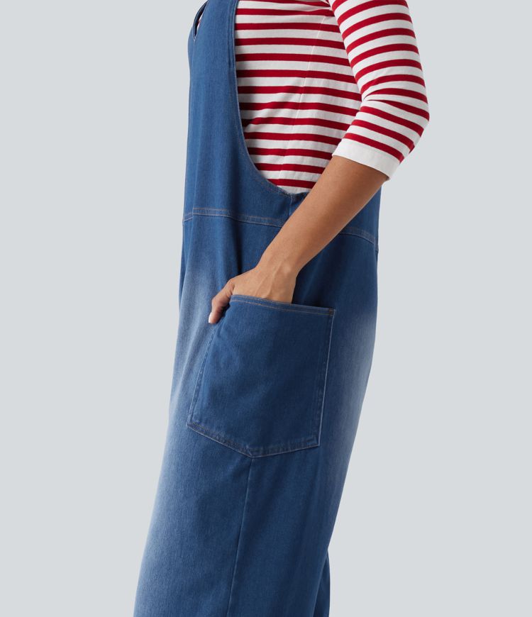 Halara Flex™ V Neck Wide Leg Denim Casual Overalls with Pockets Halara Flex™ V Neck Wide Leg Denim Casual Overalls with Pockets