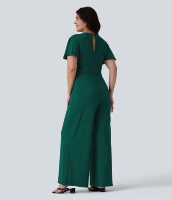Plus Size Round Neck Short Sleeve Tie Front Wide Leg Party Jumpsuit with Pockets-Easy Peezy Edition
