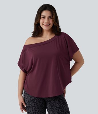 Plus Size One Shoulder Short Sleeve Curved Hem Quick Dry Yoga Sports Top with Built-in Bra Plus Size One Shoulder Short Sleeve Curved Hem Quick Dry Yoga Sports Top with Built-in Bra