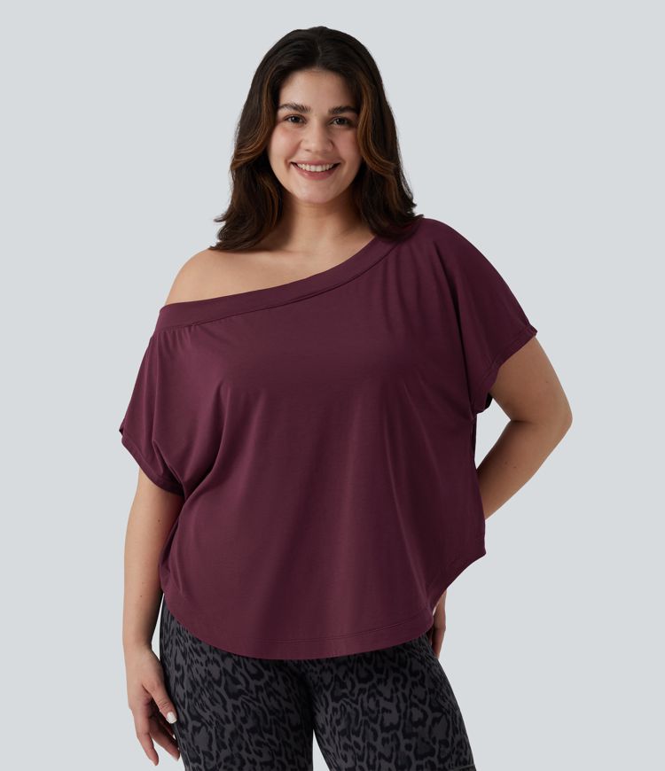Plus Size One Shoulder Short Sleeve Curved Hem Quick Dry Yoga Sports Top with Built-in Bra Plus Size One Shoulder Short Sleeve Curved Hem Quick Dry Yoga Sports Top with Built-in Bra