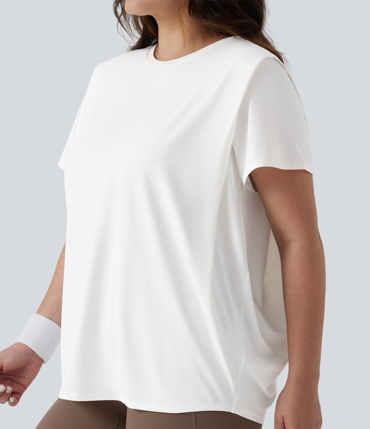 Plus Size Round Neck Short Sleeve Ruched InstantCool Yoga Sports Top-UPF50+