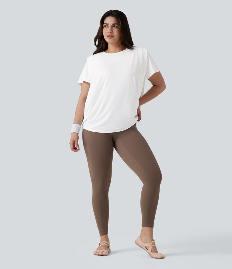 Plus Size Round Neck Short Sleeve Ruched InstantCool Yoga Sports Top-UPF50+