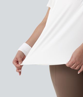 Plus Size Round Neck Short Sleeve Ruched InstantCool Yoga Sports Top-UPF50+