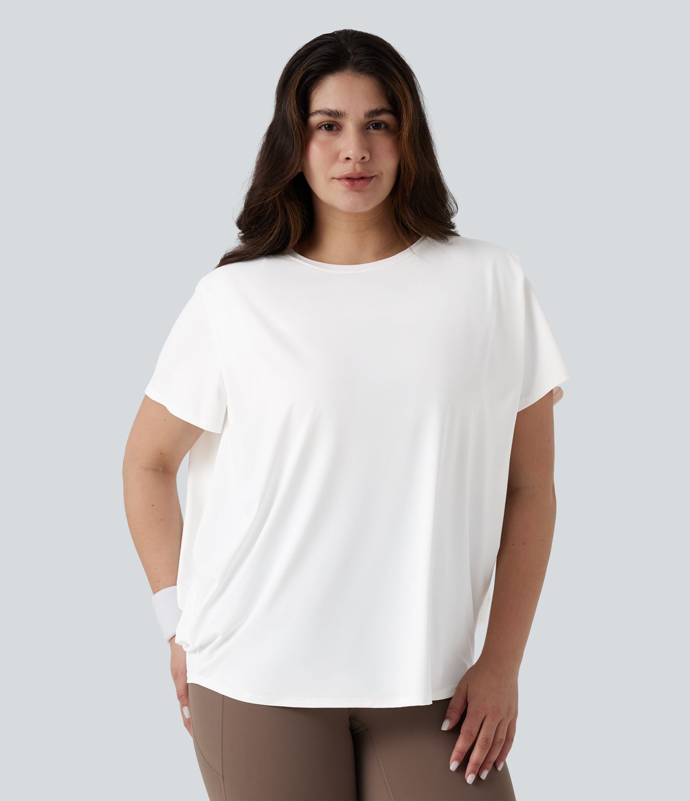 Plus Size Round Neck Short Sleeve Ruched InstantCool Yoga Sports Top-UPF50+