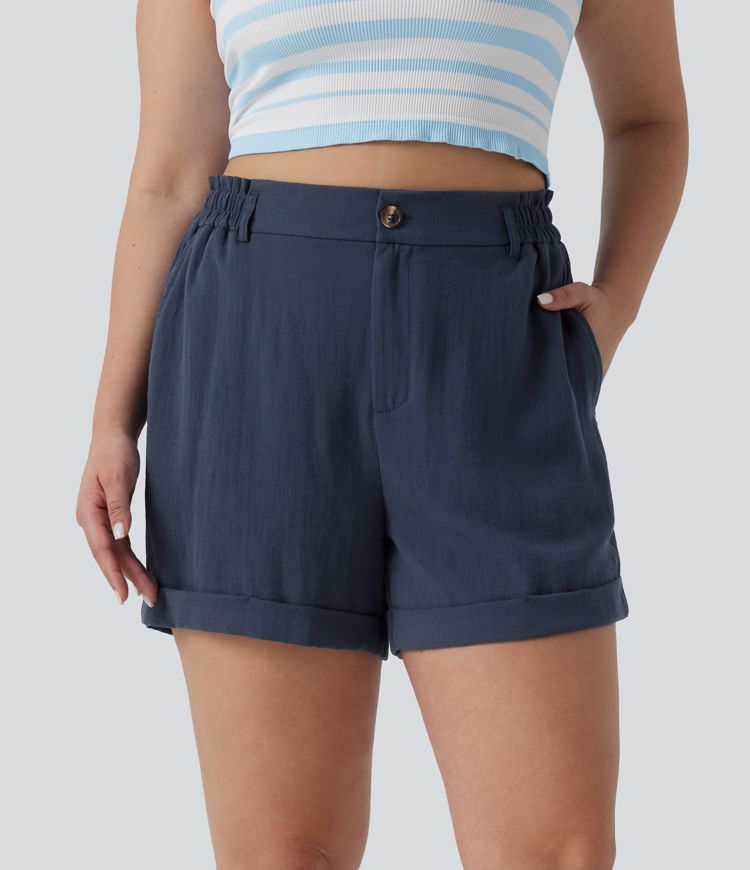 Shorts in Leinenoptik mit hohem Bund, Seitentaschen udn gerolltem Saum - Plus Size, 12,7 cm