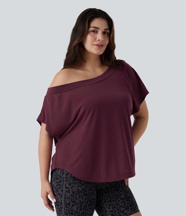 Plus Size One Shoulder Short Sleeve Curved Hem Quick Dry Yoga Sports Top with Built-in Bra Plus Size One Shoulder Short Sleeve Curved Hem Quick Dry Yoga Sports Top with Built-in Bra