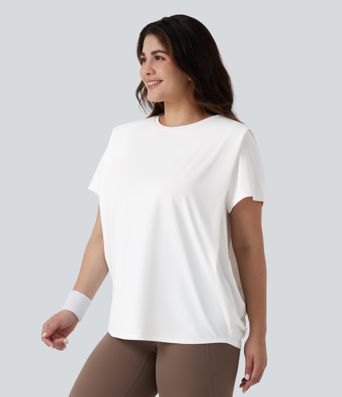 Plus Size Round Neck Short Sleeve Ruched InstantCool Yoga Sports Top-UPF50+