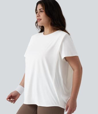 Plus Size Round Neck Short Sleeve Ruched InstantCool Yoga Sports Top-UPF50+