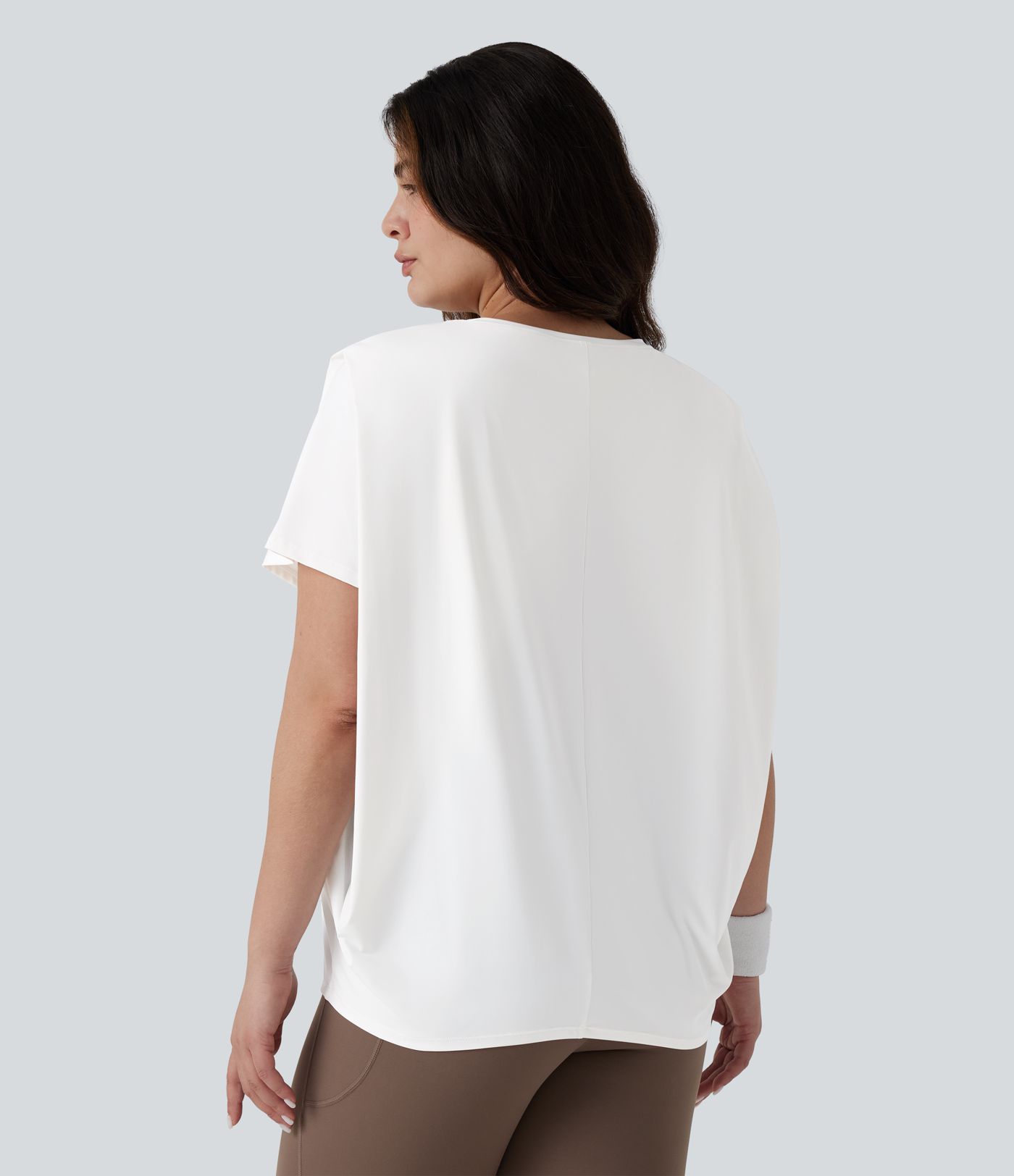 Plus Size Round Neck Short Sleeve Ruched InstantCool Yoga Sports Top-UPF50+