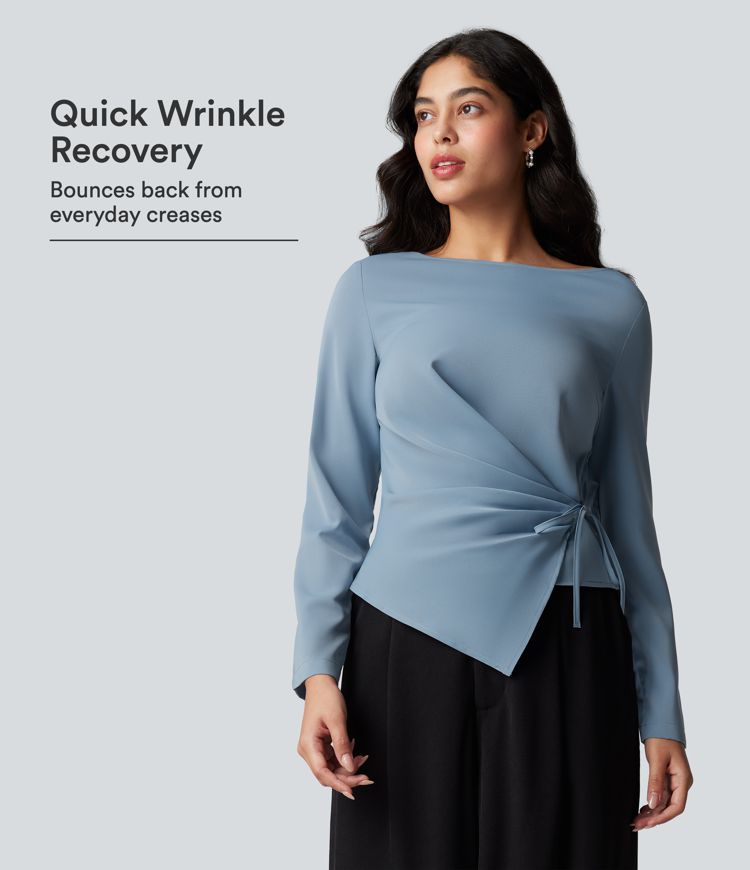 Wrinkle Recovery Boat Neck Long Sleeve Ruched Tie Work Blouse Wrinkle Recovery Boat Neck Long Sleeve Ruched Tie Work Blouse