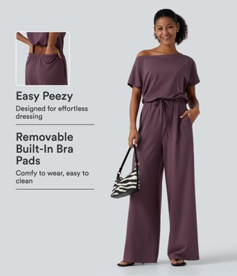One Shoulder Drawstring Built-in Bra Casual Jumpsuit with Pockets-Easy Peezy Edition