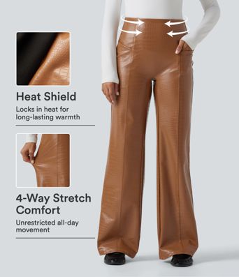 High-Waist ausgestellte Freizeithose mit Taschen, bauchformend, aus elastischem PU-Fleece mit Schlangenmuster. High-Waist ausgestellte Freizeithose mit Taschen, bauchformend, aus elastischem PU-Fleece mit Schlangenmuster.