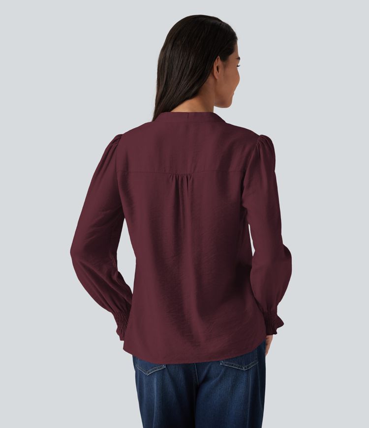 Wine Red V Neck Puff Long Sleeve Casual Blouse / 2