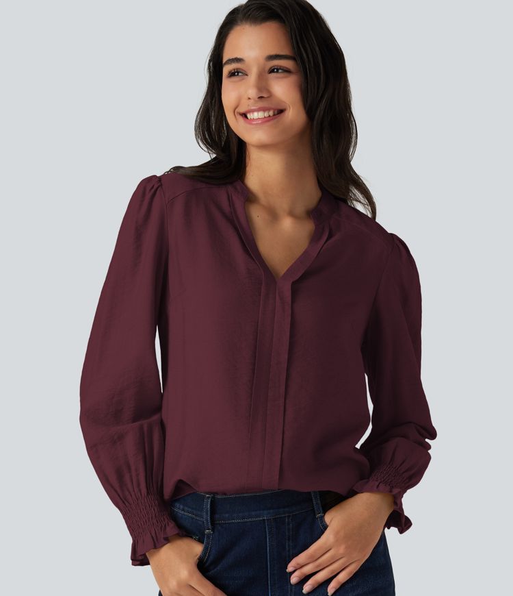 Blouse à col V et manches longues bouffantes