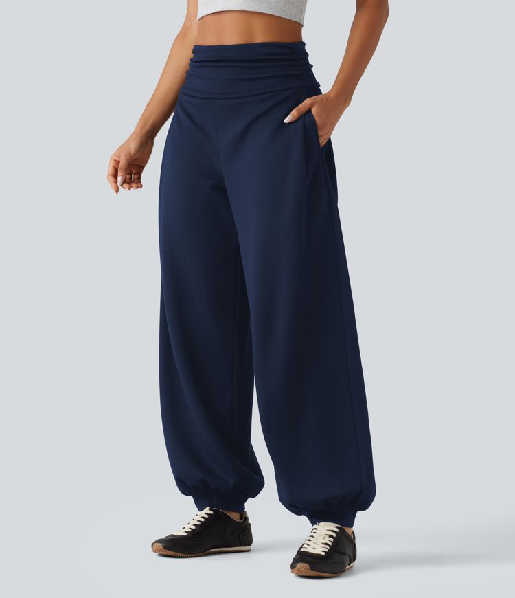 High Waisted Ruched Balloon Casual Joggers with Pockets