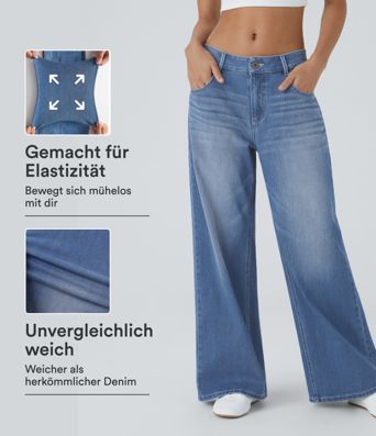 Halara Flex™ lässige, verwaschene Baggy Jeans aus elastischem Strick-Denim mit niedrigem Bund, Knopf, Reißverschluss, mehreren Taschen und weitem Bein Halara Flex™ lässige, verwaschene Baggy Jeans aus elastischem Strick-Denim mit niedrigem Bund, Knopf, Reißverschluss, mehreren Taschen und weitem Bein