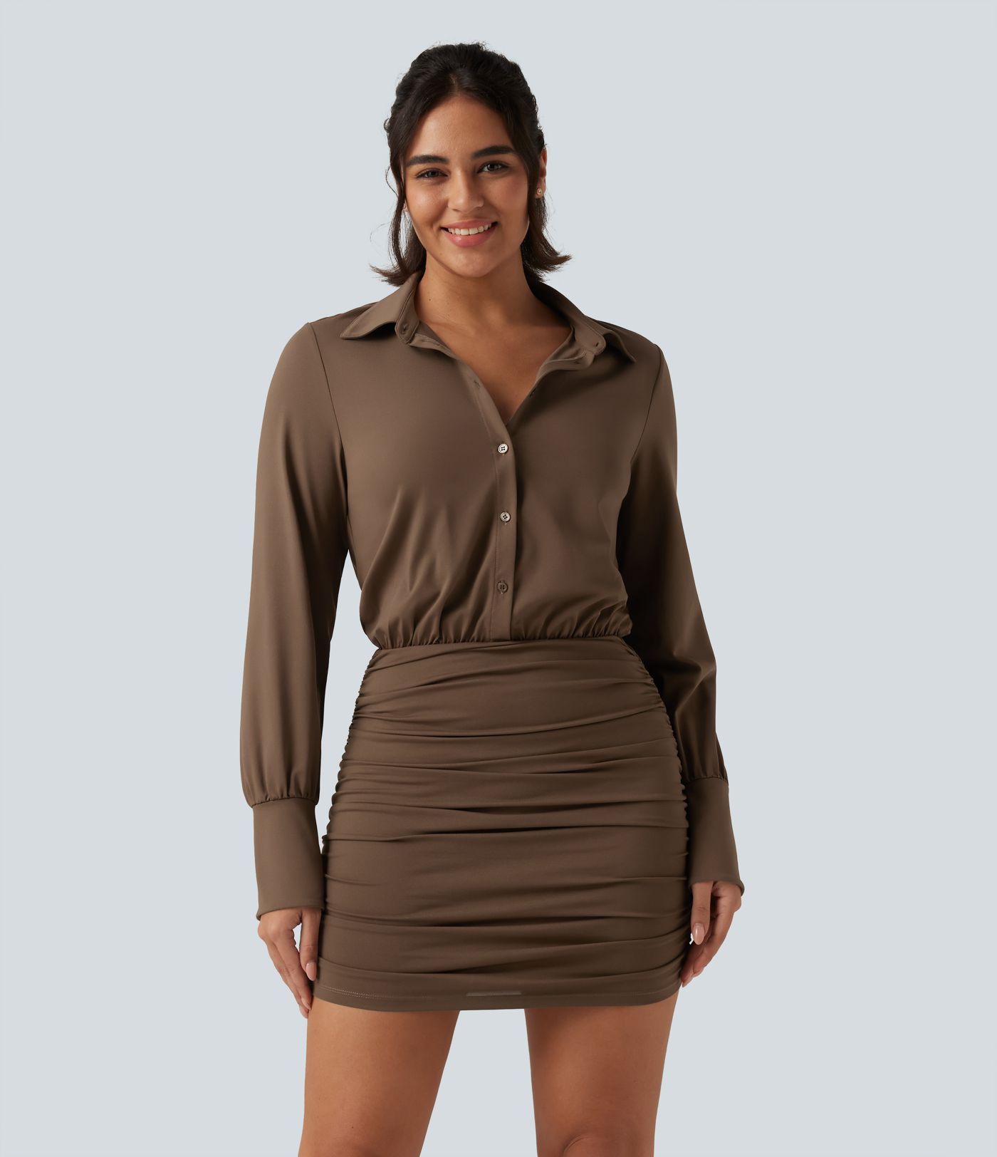 Long Sleeve Ruched Casual Mini Shirt Dress Long Sleeve Ruched Casual Mini Shirt Dress