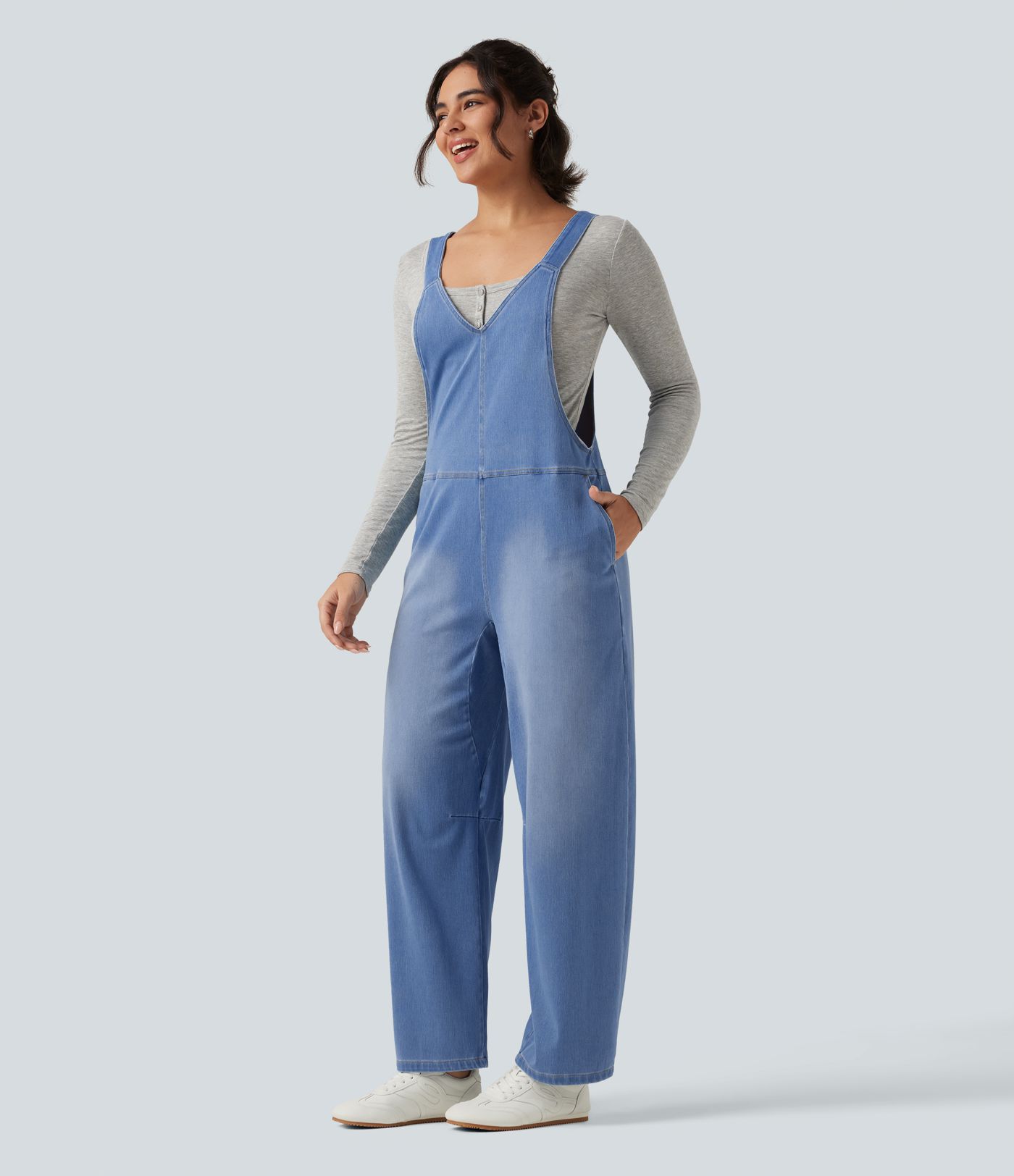 Halara Flex™ V Neck Sleeveless Barrel Leg Denim Casual Overalls with Pockets Halara Flex™ V Neck Sleeveless Barrel Leg Denim Casual Overalls with Pockets
