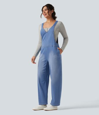 Halara Flex™ V Neck Sleeveless Barrel Leg Denim Casual Overalls with Pockets Halara Flex™ V Neck Sleeveless Barrel Leg Denim Casual Overalls with Pockets