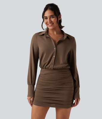 Long Sleeve Ruched Casual Mini Shirt Dress Long Sleeve Ruched Casual Mini Shirt Dress