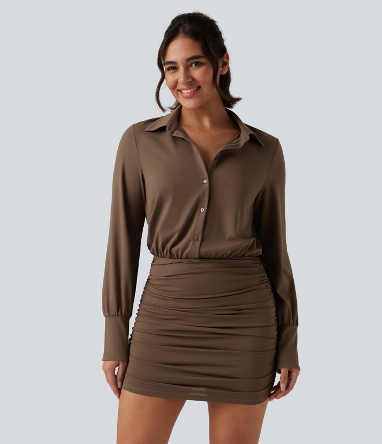 Long Sleeve Ruched Casual Mini Shirt Dress Long Sleeve Ruched Casual Mini Shirt Dress