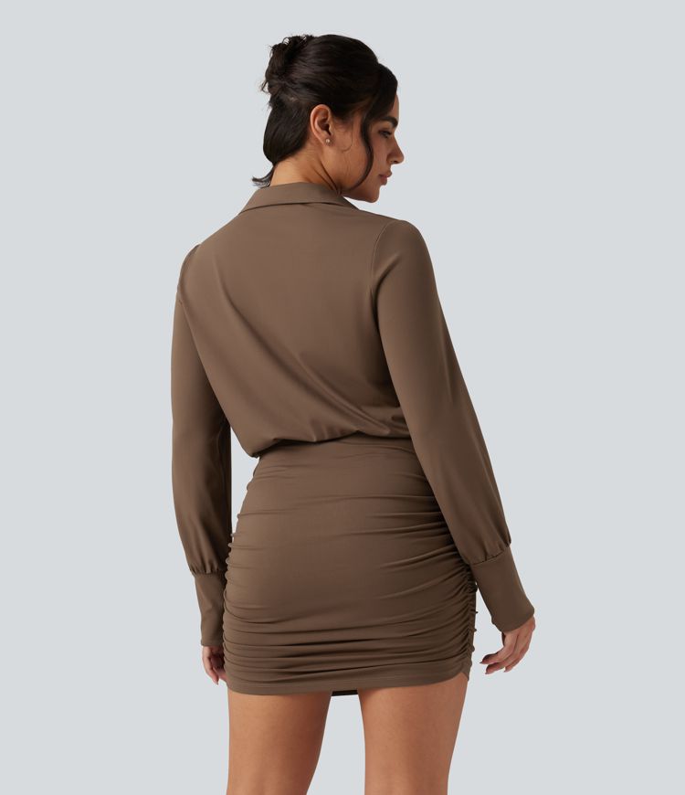 Long Sleeve Ruched Casual Mini Shirt Dress Long Sleeve Ruched Casual Mini Shirt Dress