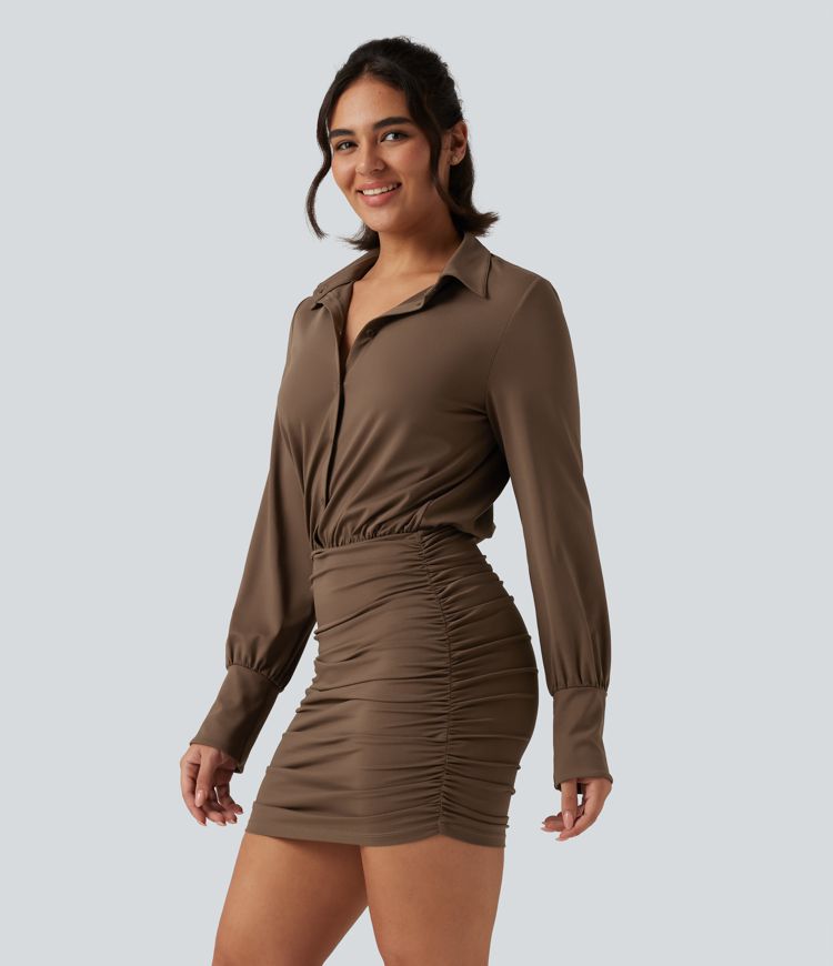Long Sleeve Ruched Casual Mini Shirt Dress Long Sleeve Ruched Casual Mini Shirt Dress