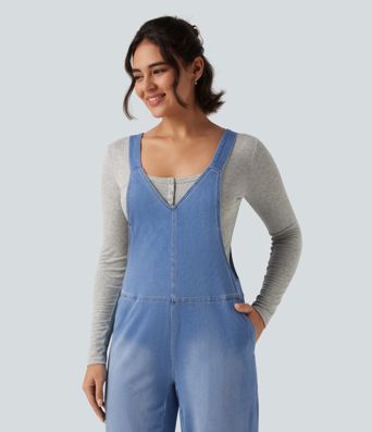 Halara Flex™ V Neck Sleeveless Barrel Leg Denim Casual Overalls with Pockets Halara Flex™ V Neck Sleeveless Barrel Leg Denim Casual Overalls with Pockets