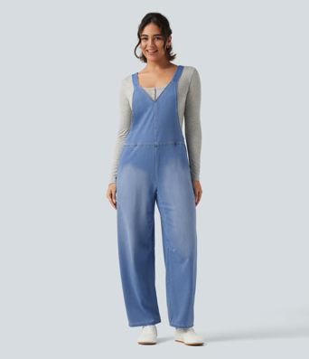 Halara Flex™ V Neck Sleeveless Barrel Leg Denim Casual Overalls with Pockets Halara Flex™ V Neck Sleeveless Barrel Leg Denim Casual Overalls with Pockets