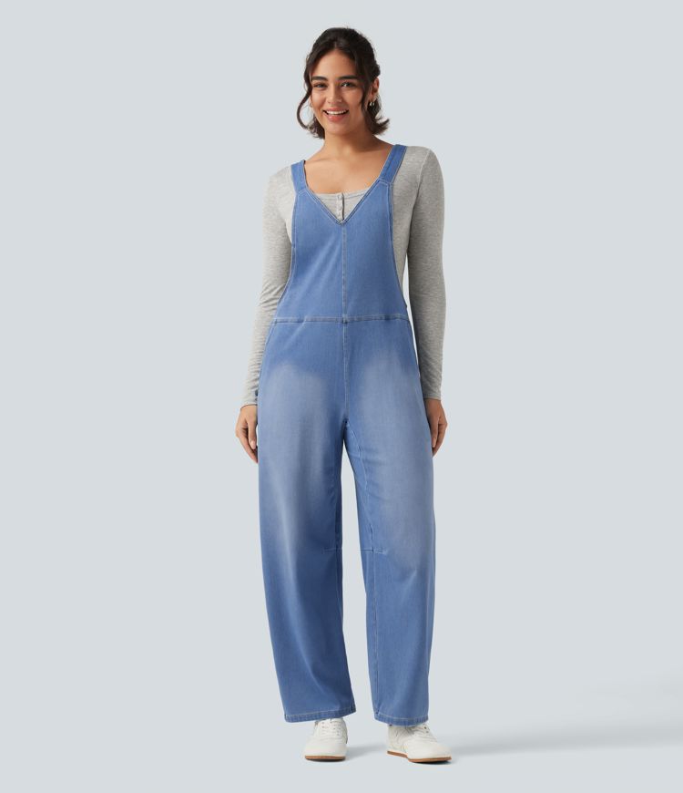 Halara Flex™ V Neck Sleeveless Barrel Leg Denim Casual Overalls with Pockets Halara Flex™ V Neck Sleeveless Barrel Leg Denim Casual Overalls with Pockets