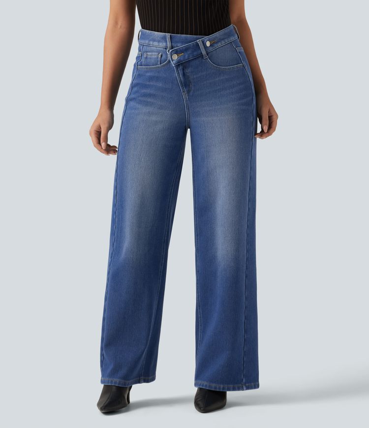 Lässige Fleece-Jeans mit hohem Crossover-Bund, mehreren Taschen und geradem Bein