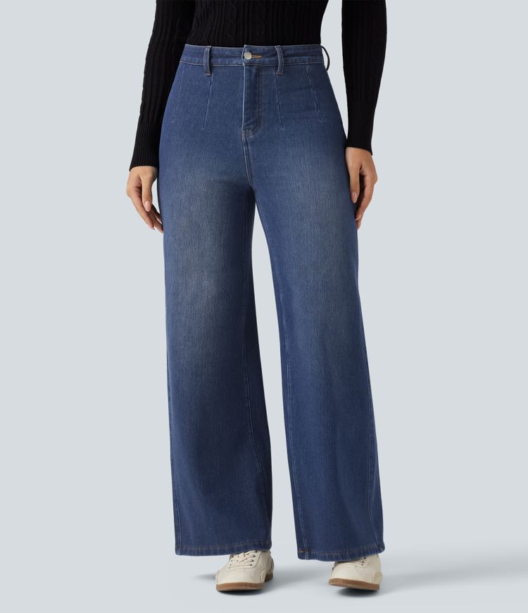 Lässige Fleece-Jeans aus Baumwolle mit hohem Bund, Gesäßtaschen und weitem Bein