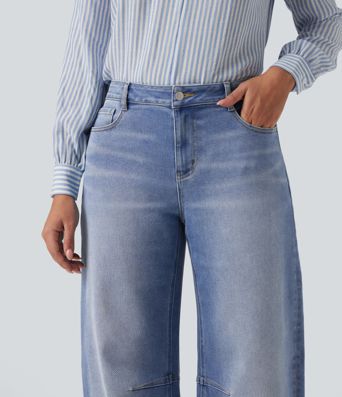 Mid Rise Barrel Leg Casual Jeans with Pockets