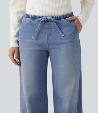 Jean décontracté taille basse à jambe large avec cordon de serrage et poches