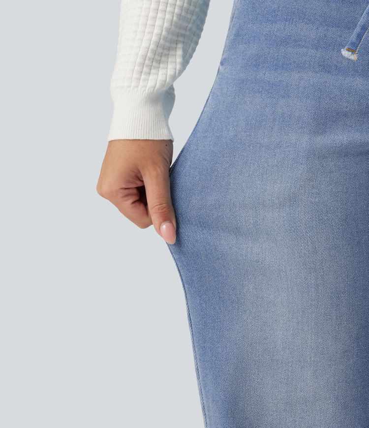 Jean décontracté taille basse à jambe large avec cordon de serrage et poches