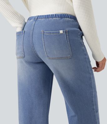 Jean décontracté taille basse à jambe large avec cordon de serrage et poches
