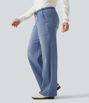 Jean décontracté taille basse à jambe large avec cordon de serrage et poches