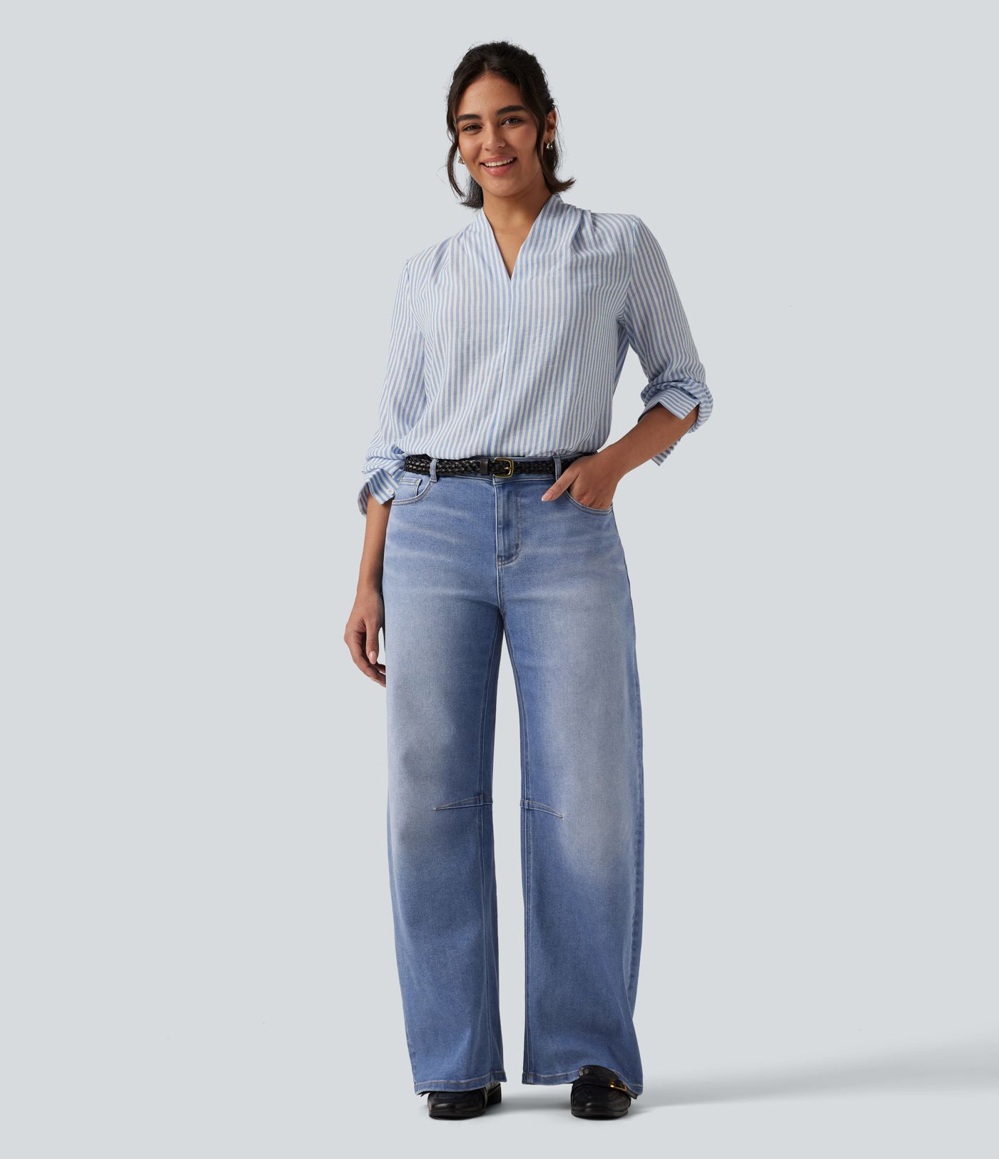 Mid Rise Barrel Leg Casual Jeans with Pockets