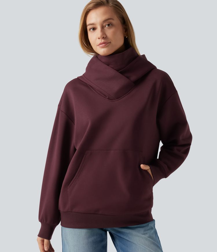 Sudadera casual de forro polar con capucha, parte delantera cruzada, hombros caídos, mangas largas y bolsillo Sudadera casual de forro polar con capucha, parte delantera cruzada, hombros caídos, mangas largas y bolsillo