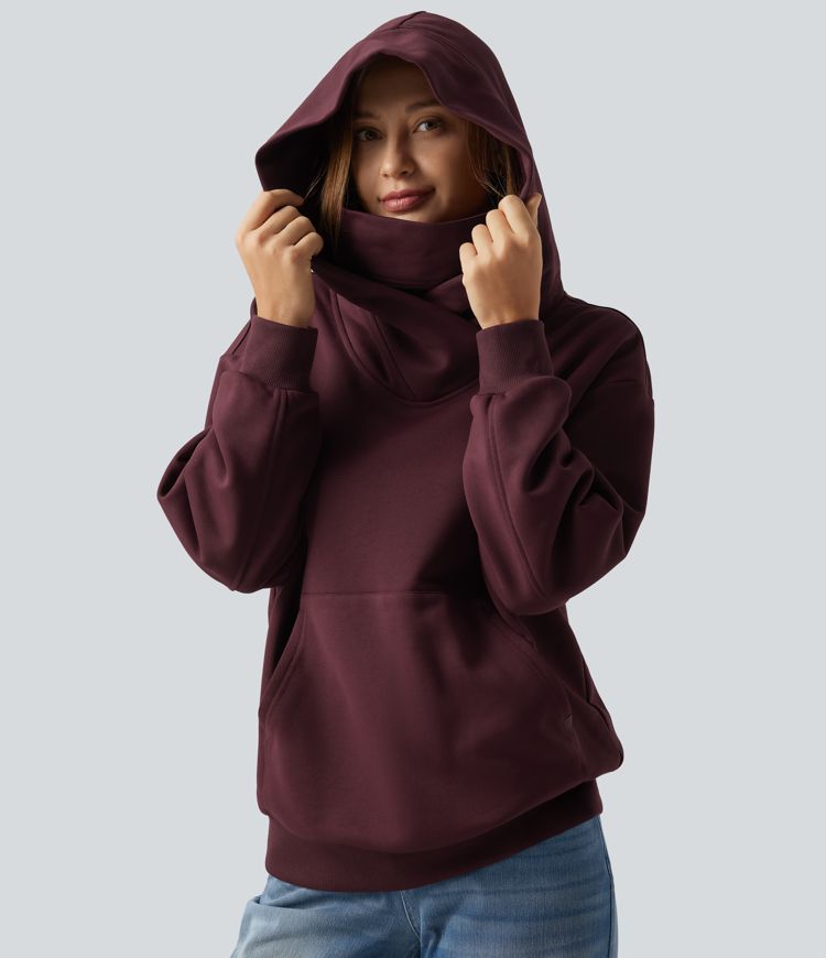 Hooded Crossover Dropped Long Sleeve Fleece Casual Sweatshirt with Pocket